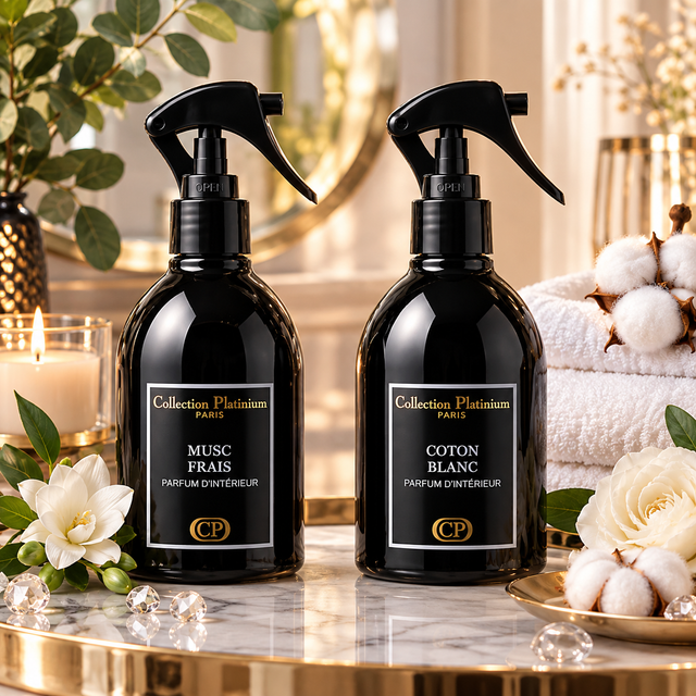 Lot de 2 Parfums d’Intérieur COLLECTION PLATINIUM PARIS MUSC FRAIS 250ml et COTON BLANC 250ml
