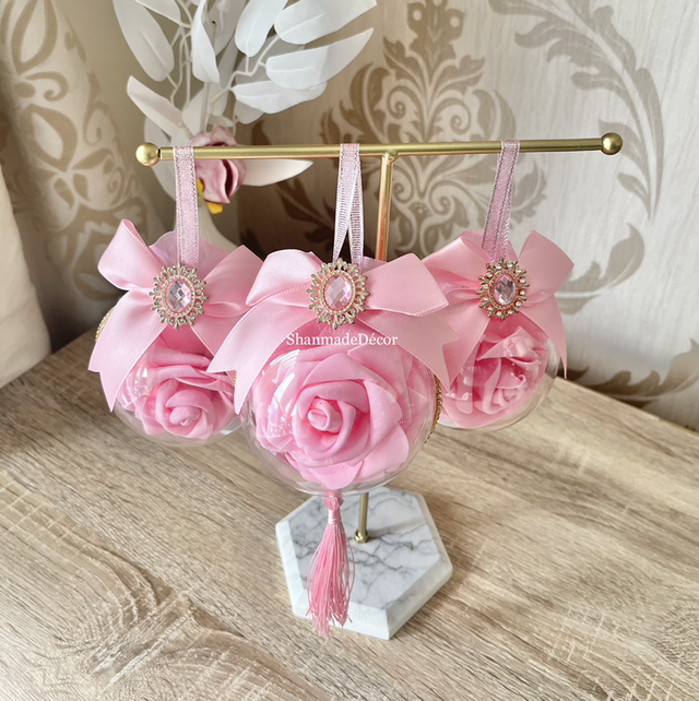 Pink Rhinestone Rose Christmas Bauble Ornament Keepsake 