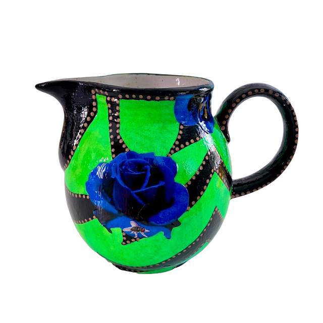Neon Green Upcycled Pitcher/Vase - &quot;Blue Roses&quot; - by House of Frisson
