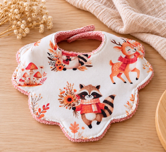 Bavoir bébé en forme de fleur– Petits animaux de la forêt