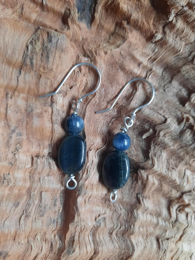 Sterling silver earrings with kyanite and blue tigers eye beads