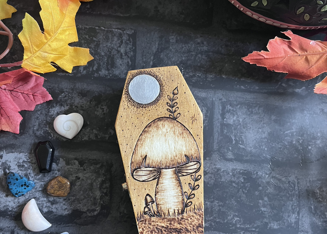 Coffin shaped box with mushroom, vine and moon design
