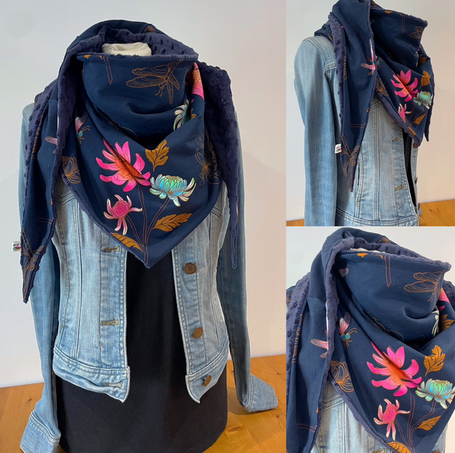 Maxi Chèche Enfant Happy Leïla  rose et bleue doublée en polaire minky bleu marine 