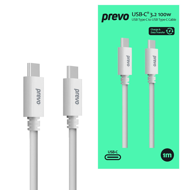 Prevo USB 3.2 100W C to C cable, 20V/5A, 10GB/20GB/s, White