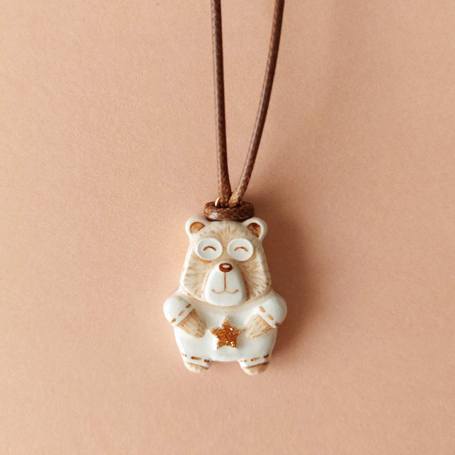 Small Bear clay pendant-Grizzly bear necklace-Pottery mini bear-Bear totem-Air dry clay pendant