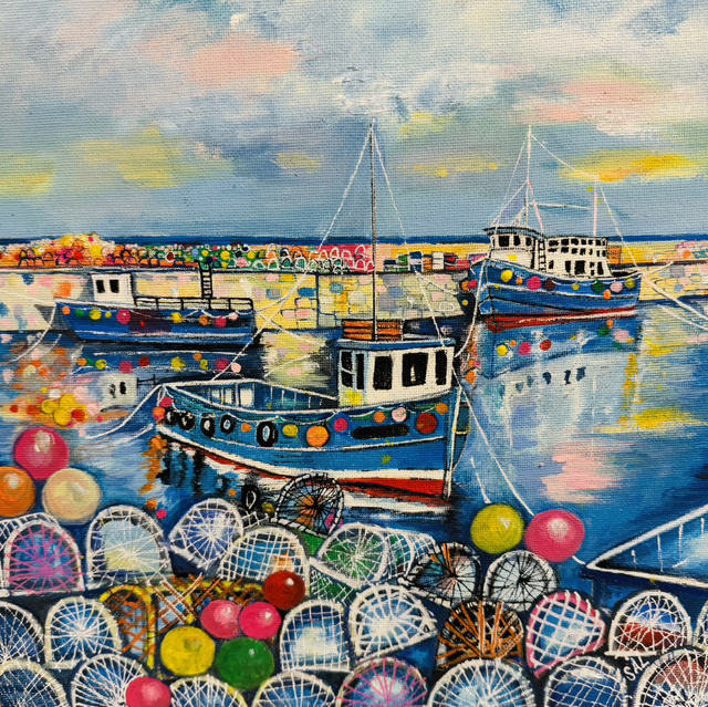 Print- Seahouses- Blue Boats a Bobbing
