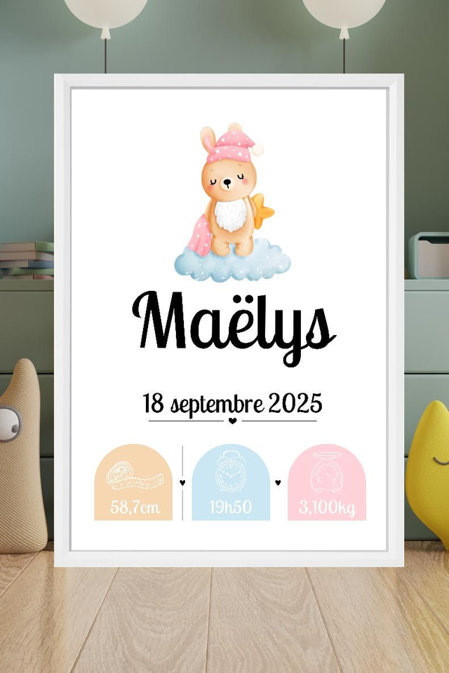 Toile de naissance personnalisée encadrée – Cadeau de naissance unique – Décoration chambre bébé – Souvenir doux et poétique