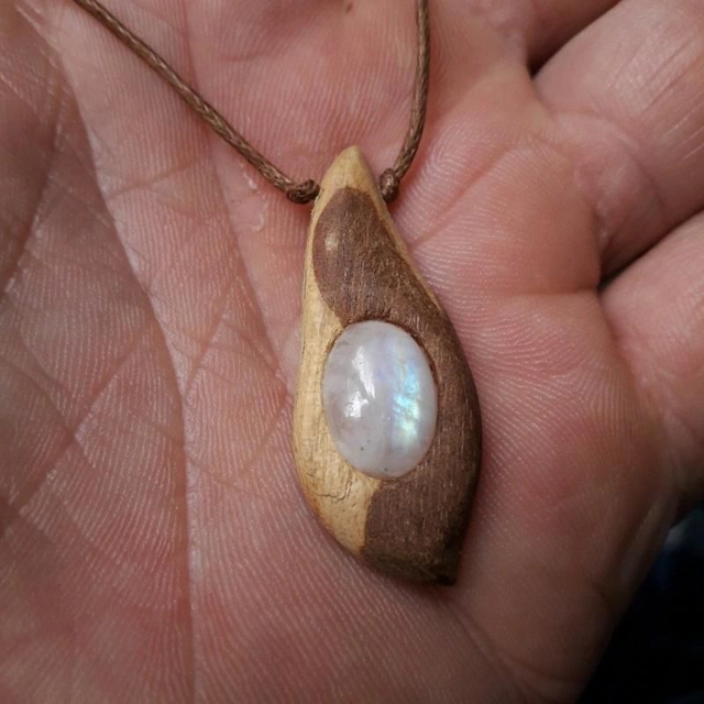 Rainbow Moonstone Necklace with Hand Carved Palo Santo Wood 