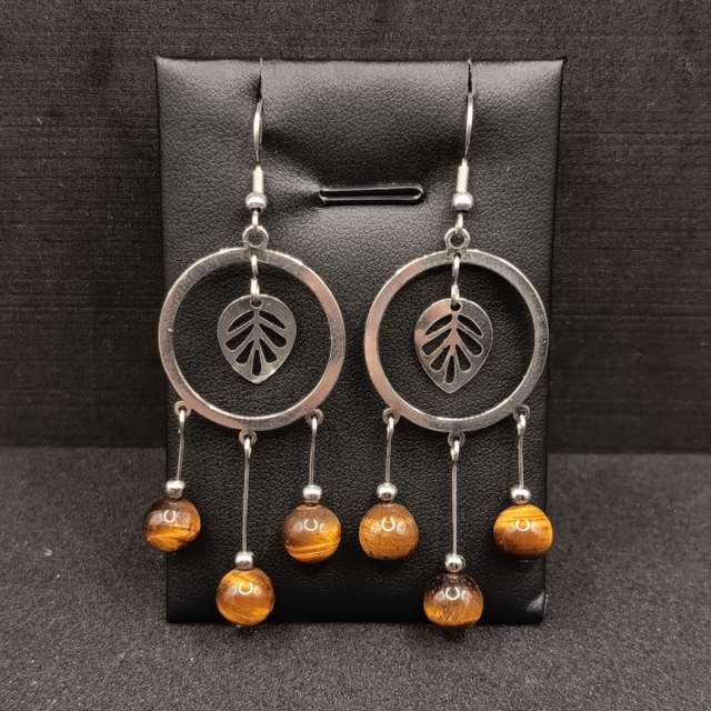 Boucles d’oreilles acier inox & œil de tigre – Cercle bohème feuille