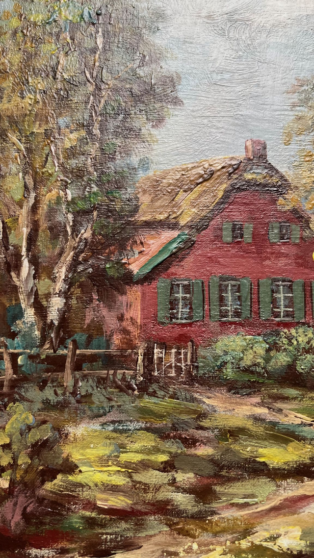 Ölgemälde auf Holz mit idyllisch gelegener Windmühle