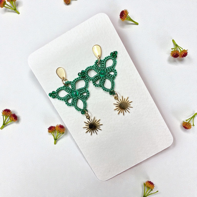 Boucles d'oreilles en dentelle de frivolité avec perles et breloque