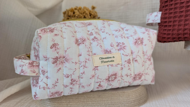 Trousse matelassée côté carré - Rose d'autrefois / "Nid d'abeille" Terracotta