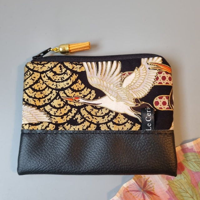 Porte-monnaie zippé &quot;Grues&quot; simili cuir noir
