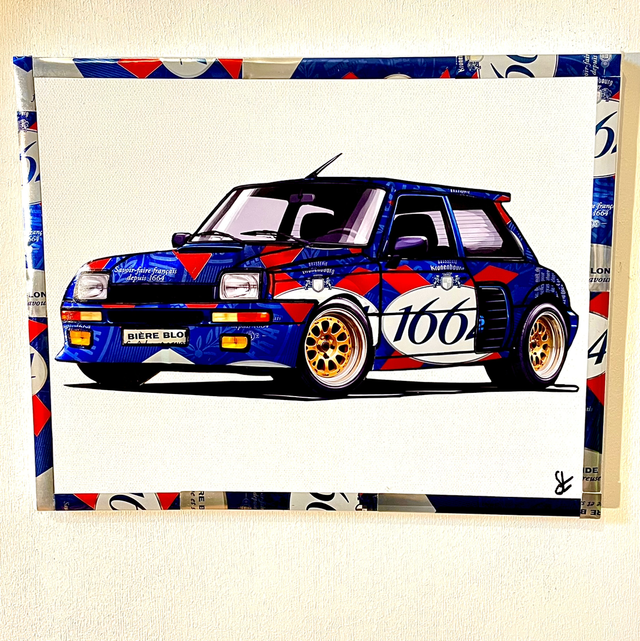 Tableau R5 turbo réalisé avec des canettes recyclées  châssis toile 