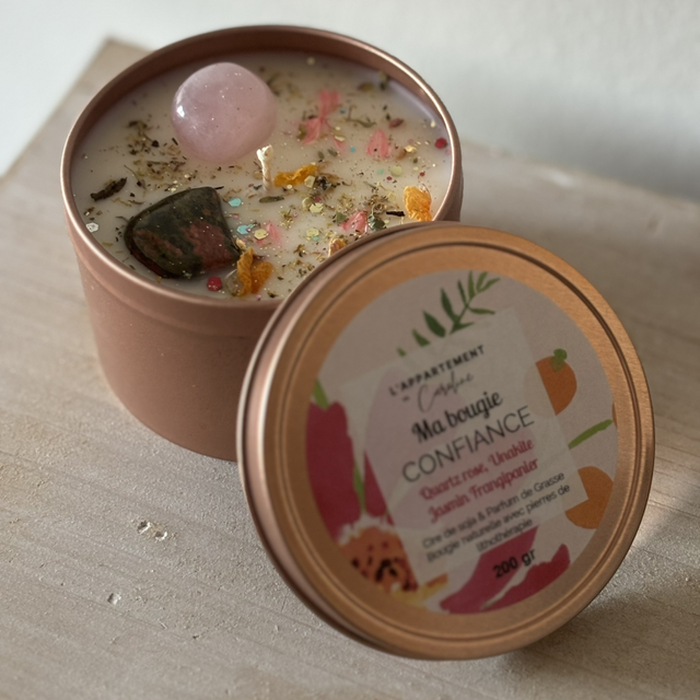 Bougie Confiance - Jasmin Frangipanier, Quartz Rose Unakite