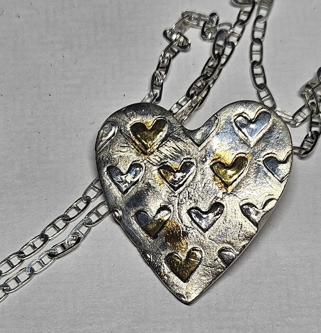 Large bleeding heart fine silver and 24K goild foil necklace