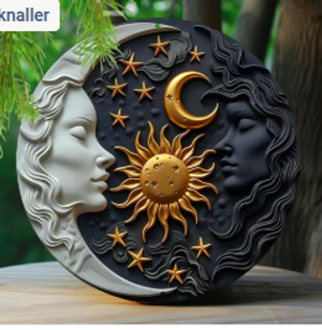 Wanddecoratie metalen bord Zon en Maan (20cm diameter)