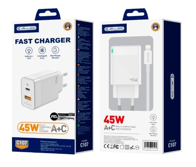 Adaptateur secteur Double port 1X USB-C + 1X USB-A (45W) avec cable USB-C/Type C vers Type C JELLICO C107 AR0023257