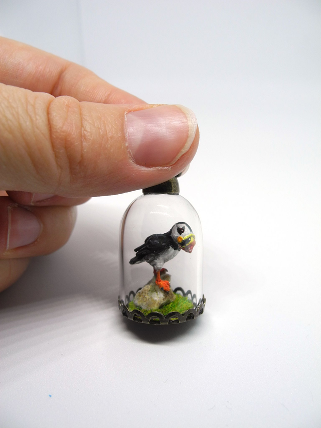 Puffin Pendant – One of a kind Biosphere Brass Pendant - Clear glass cylinder with a delicate puffin inside