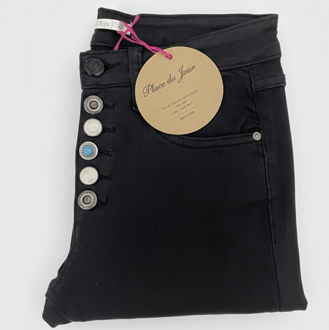 Jean Slim Noir Place du Jour - Taille Haute à Boutons Apparents