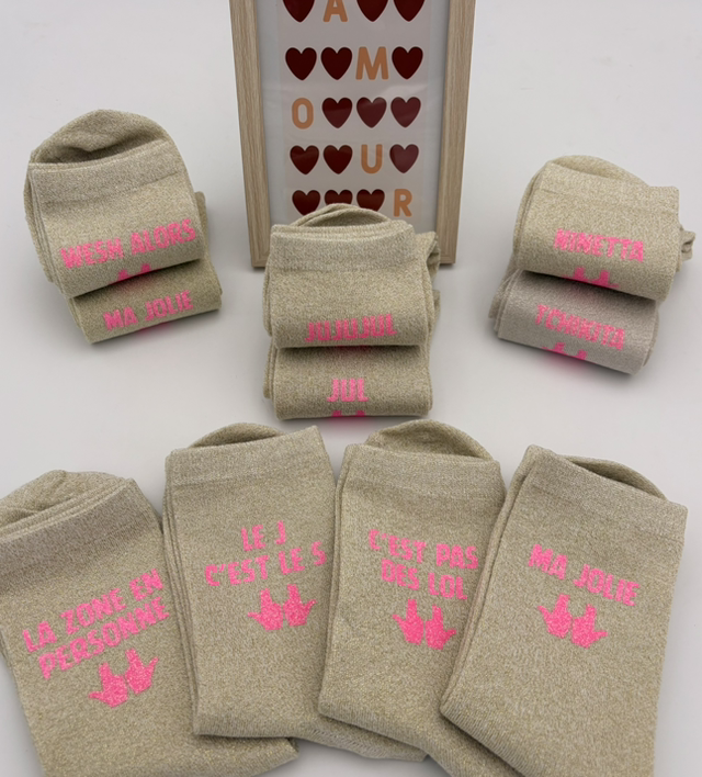 Chaussettes a paillettes jul beige et rose phospho