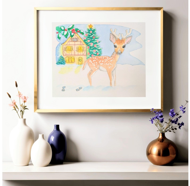 Tableau aquarelle d'hiver faon en Alsace - animaux hivernaux du monde