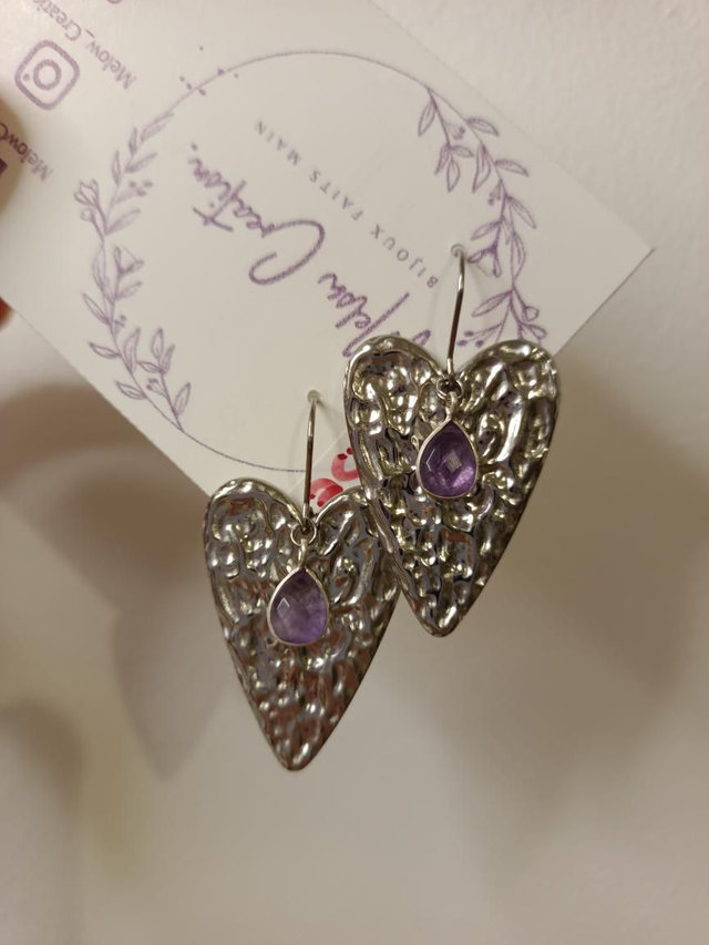 Boucles Grand Coeur Argent Améthyste 
