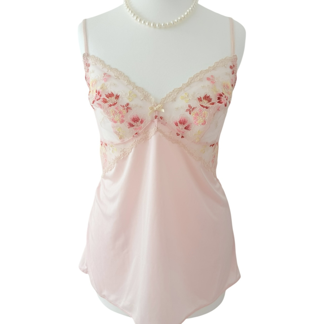Japanese brand coquette pastel pink lace cups cami with floral embroidery  