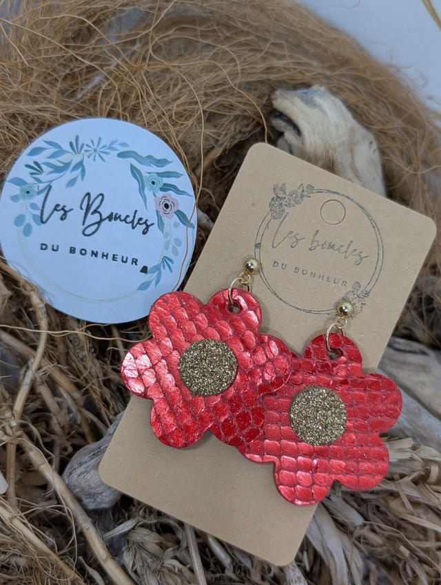 Boucles d&#039;oreilles fleur rétro m1142 rouge doré 