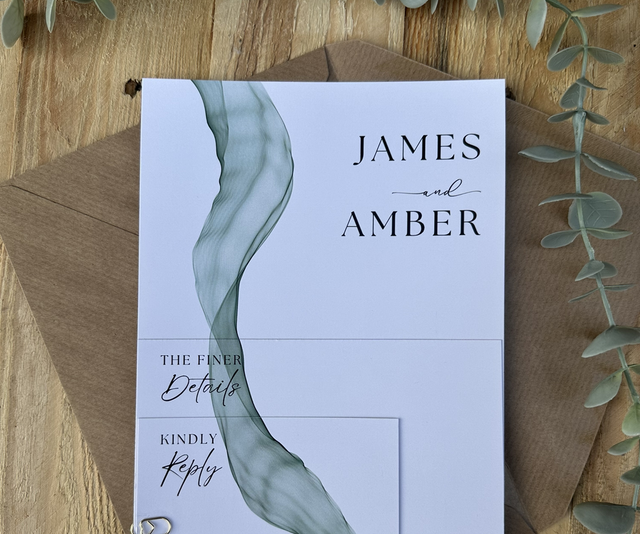 Layered Wedding Invitations with Sage Green Chiffon Design – Includes RSVP &amp; Guest Info Cards, Kraft or White Envelopes