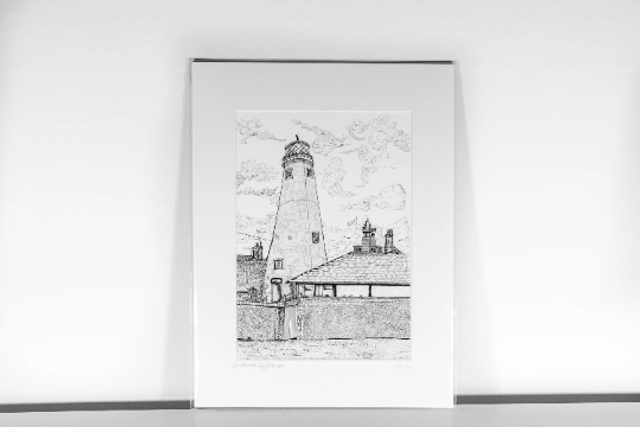 Southwold Lighthouse Ink sketched Mounted Giclée Print