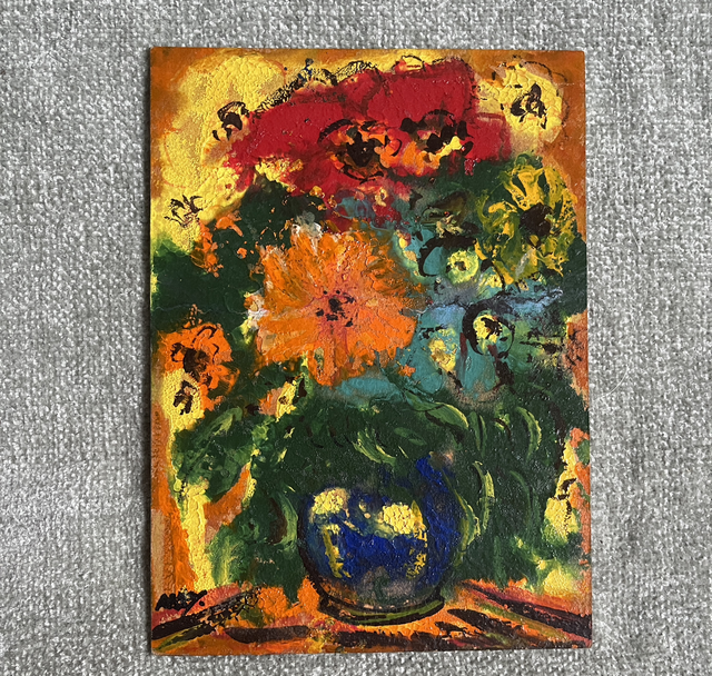 Kunstwerk Öl auf Leinwand/ Blumen in blauer Vase 