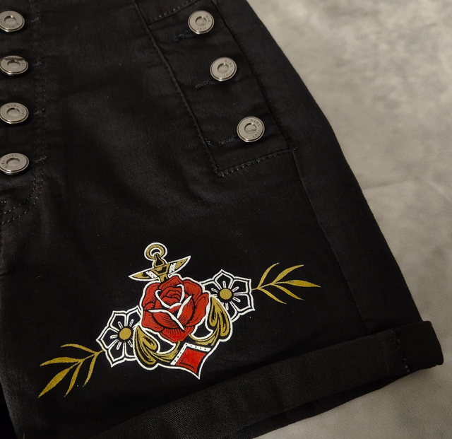 Short en Jean Taille haute "Ancre & Fleurs"