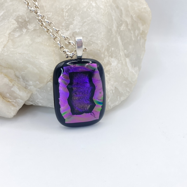Iridescent Glass Purple Pendant Necklace on a 20" Chunky Sterling Silver Chain