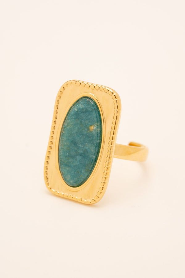 Bague dorée rectangulaire, pierre Apatite