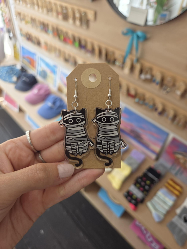 Mummy Cat Acrylic Charm Drop Earrings - Silver Plated - HA-015