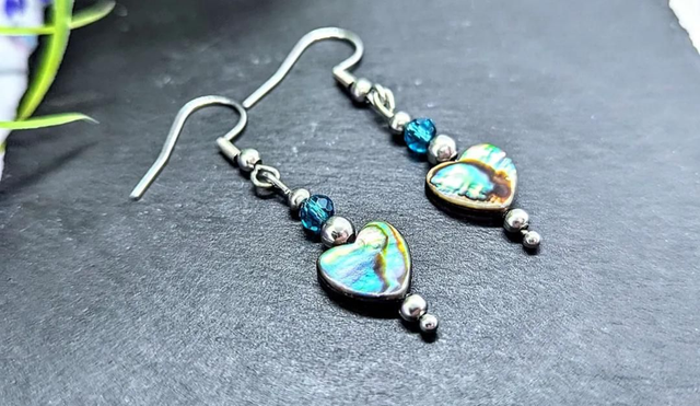Stainless Steel &amp; Abalone/Paua Shell Heart Drop Earrings 