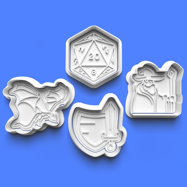 Dungeons Dragons D&amp;D Cutter Embosser Set of 4 Cookie Cutters &amp; Stamps Biscuit Mould Debossed Sugar Biscuit