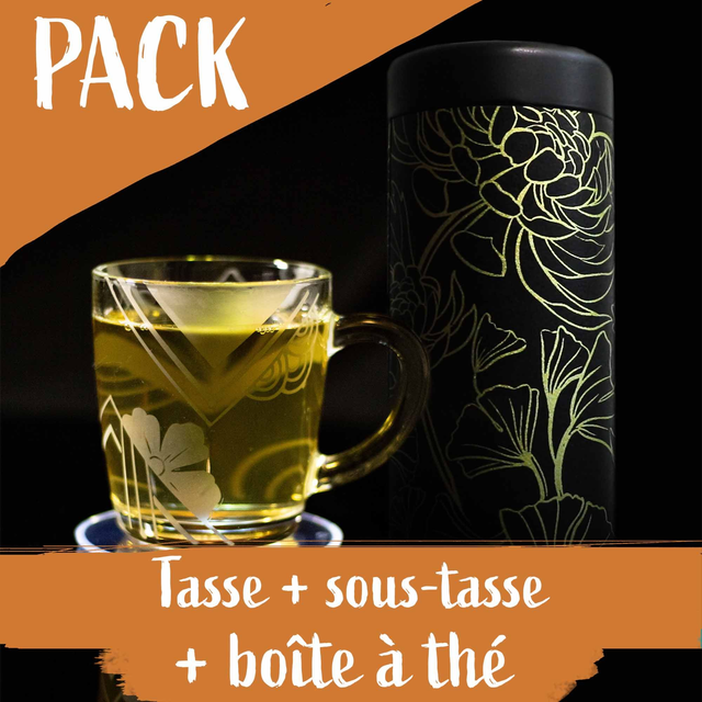 Pack complet motifs géométriques - Tasse, sous-tasse + boîte à thé