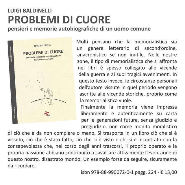 Luigi Baldinelli, "Problemi di cuore. Pensieri e memorie autobiografiche di un uomo comune", qudulibri 2016