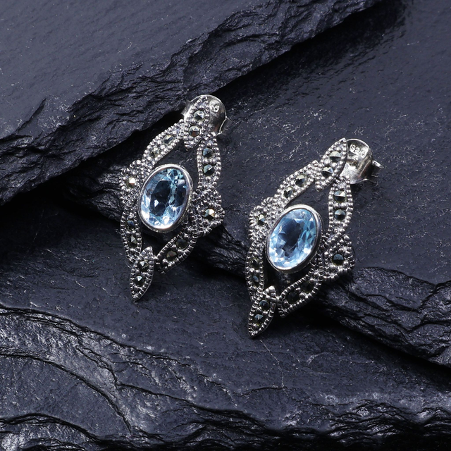 Art Deco Style Sterling Silver 925 Oval Cut 1ct Blue Topaz Marcasite Gemstone November Birthstone Diamond Shape Design Stud Earrings