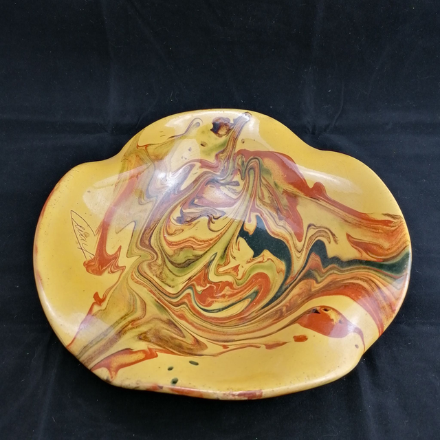 French Bowl | Ambachtelijk gemaakte gemarmerde Franse aardewerk (Fruit)schaal (diameter 25 | hoogte 7 cm) mixed oker en terracotta kleuren