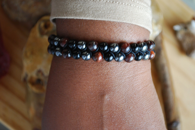 Bracelet pont énergétique : obsidienne, grenat almandin et hématite