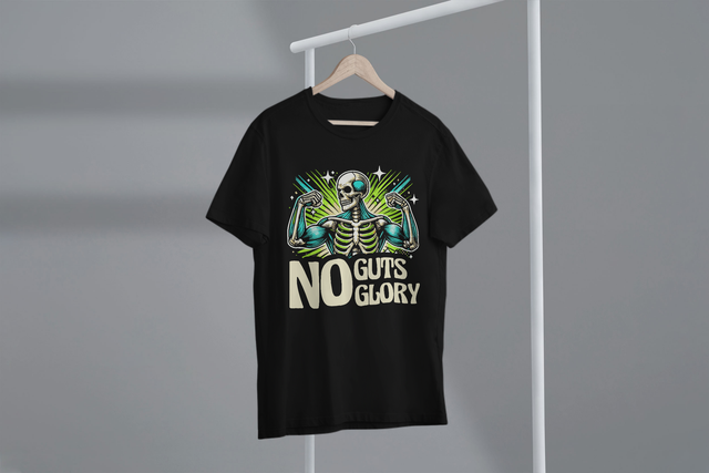 No Guts No Glory, Halloween Motivation, Skeleton Humor. No Guts No Glory, Halloween-Motivation, Skelett-Humor