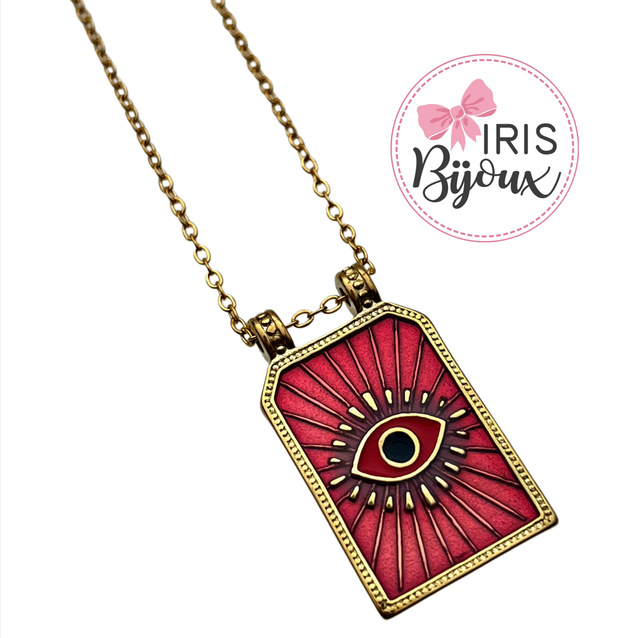 Collana occhio greco rosso medaglietta rettangolare smaltata 