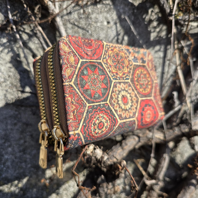 Porte-monnaie &amp; cartes accordéon "Margot" en liège imprimé tons bleu/terracota