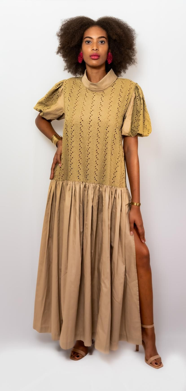 Robe longue coton  broderie anglaise et popeline unie