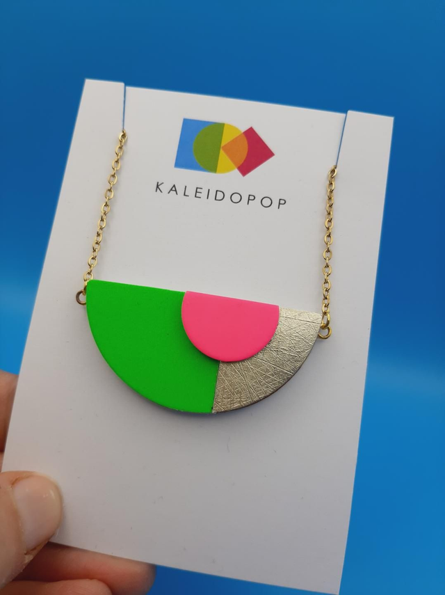 Semi-circular pendant  - green  / gold / pink