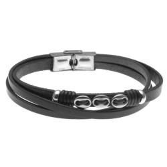 Bracciale uomo in pelle nera con inserti in acciaio 
