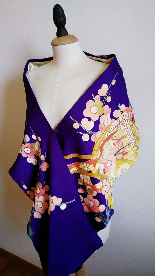 Violet Color, Court Carriage and Plum Flower Tree Pattern Silk Japanese Shawl, Silk Skirf, Wedding Shawl, Party Shawl